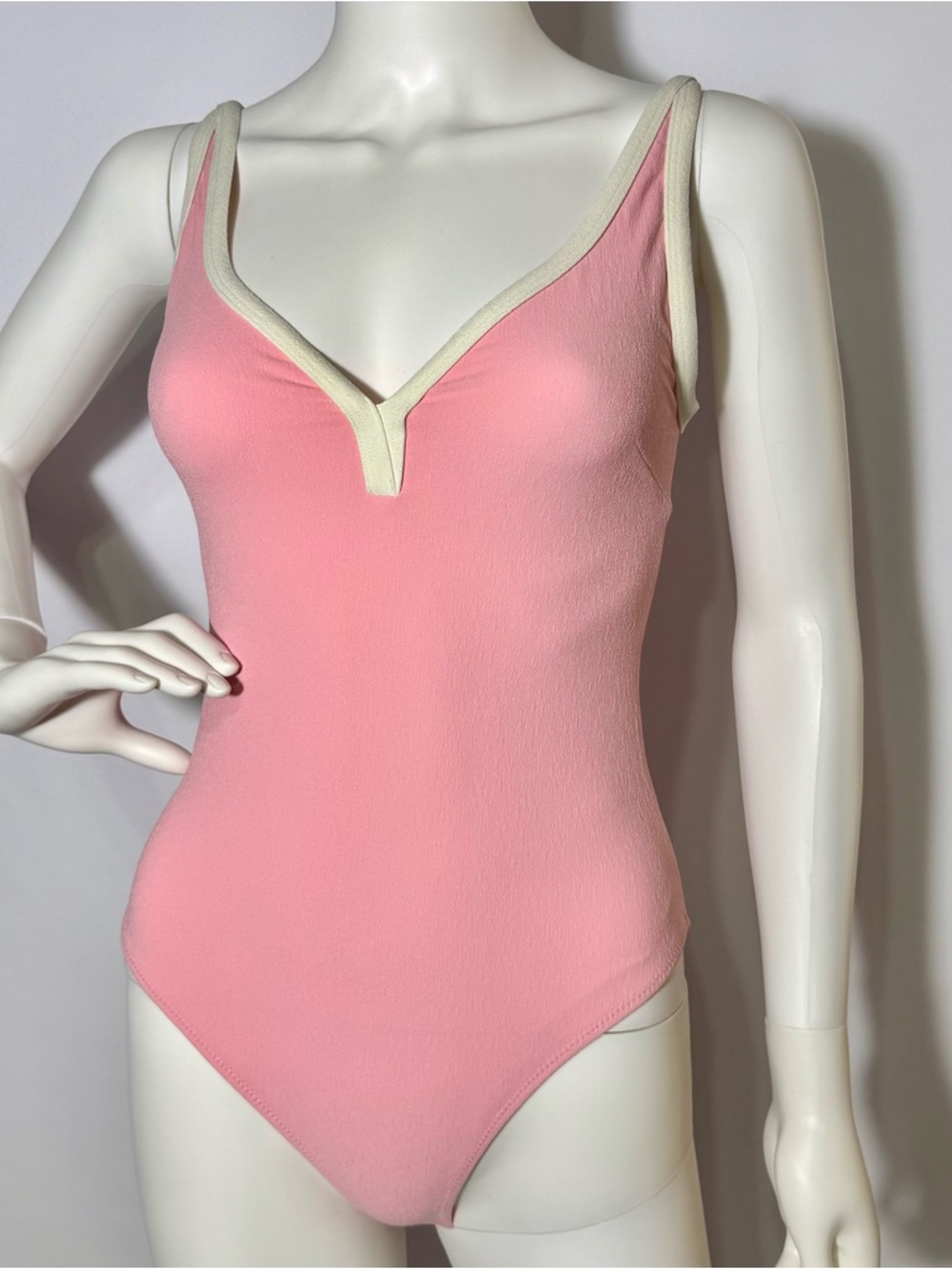 Lisa Marie Fernandez Pink One-Shoulder V-Neck One-Piece with White Trim | Size S - Picture 3 of 8